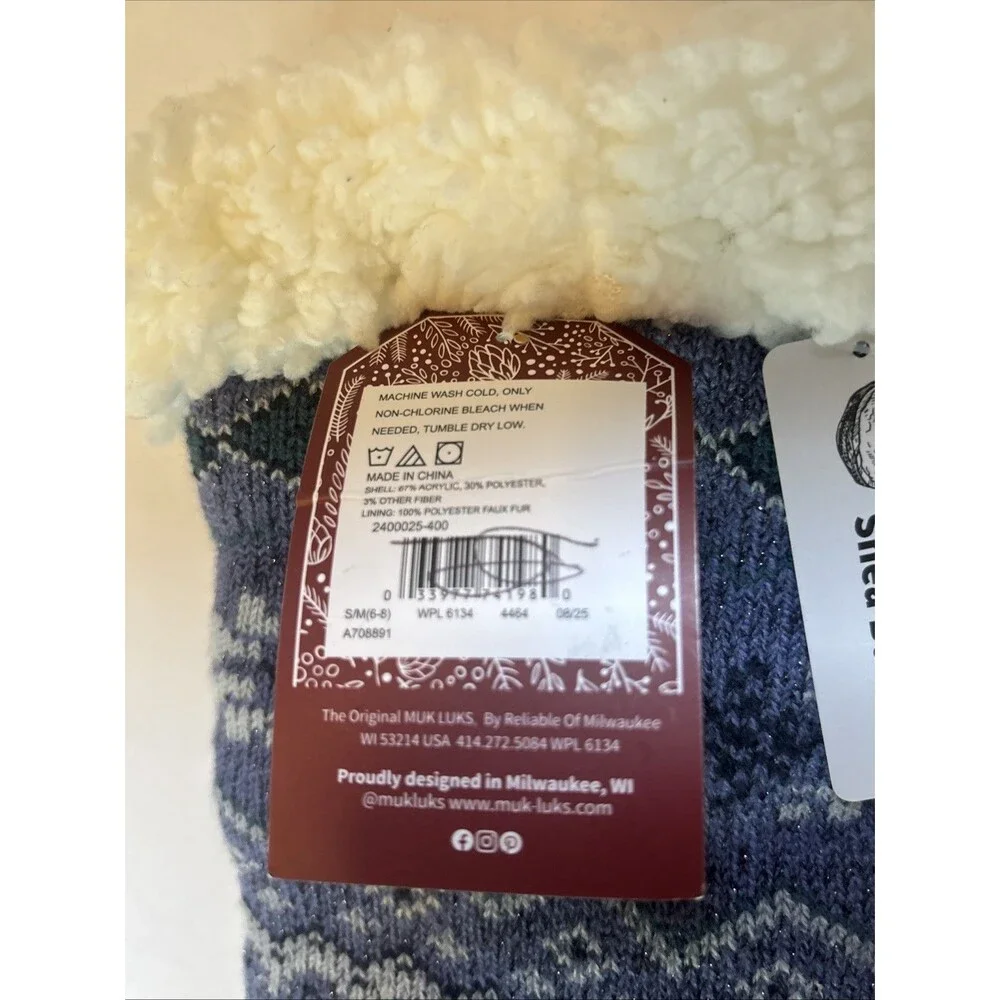 The Original Muk Luks Cabin Socks with Soft Fleece & Grips Size S/M 6-8) New